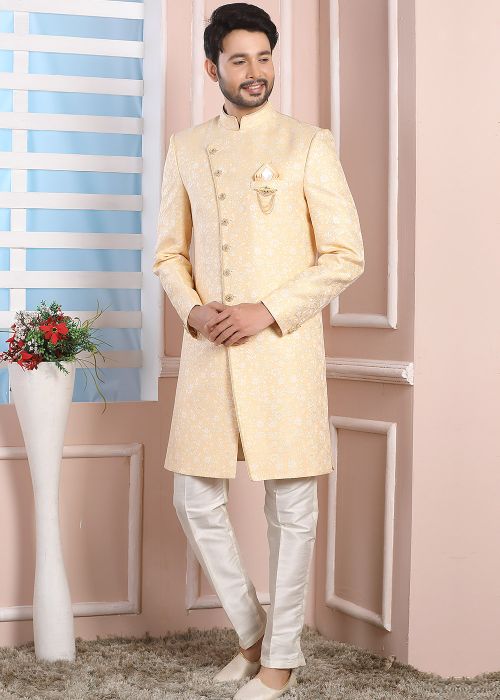 Yellow Woven Indo Western Sherwani Set