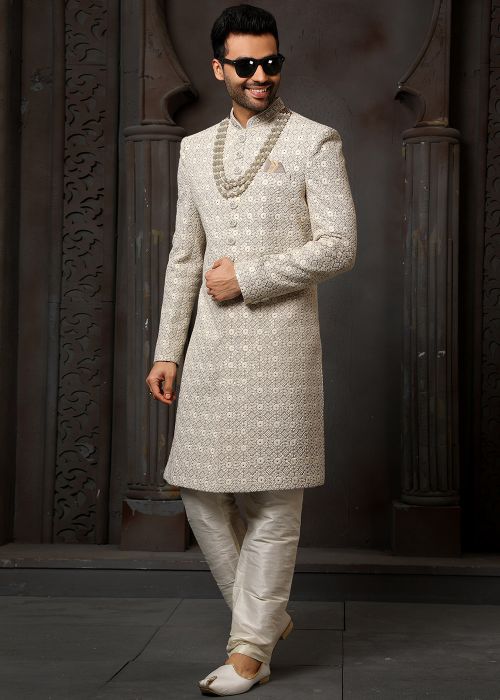 Grey Thread Embroidered Mens Sherwani Set