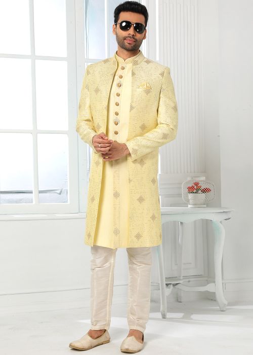 Mens Yellow Embroidered Indo Western Sherwani Set