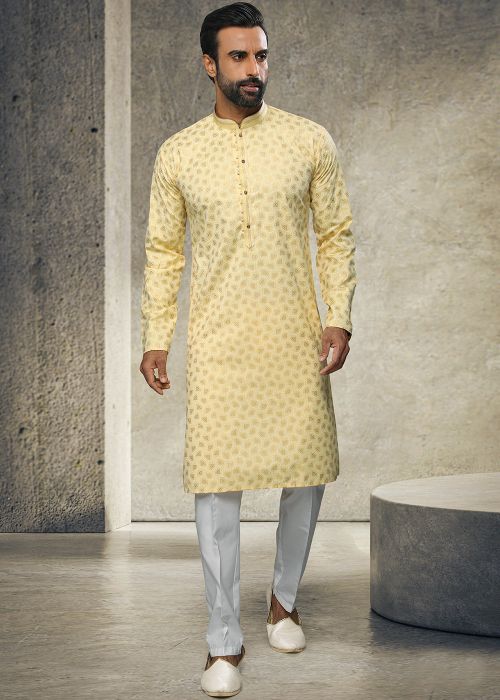 Yellow Printed Design Kurta Pajama For Men