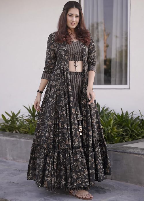 Black Digital Print Jacket Style Top & Bottom