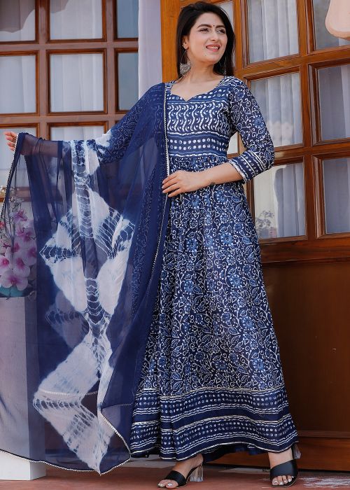 Blue Floral Printed Long Kurta With Dupatt