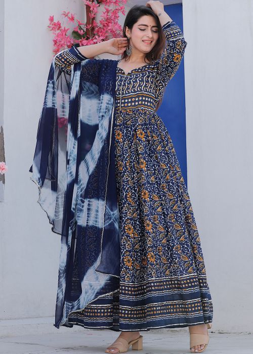 Navy Blue Floral Printed Flared Style Kurta