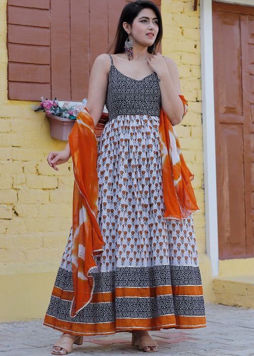 White Floral Printed Cotton Long Kurta