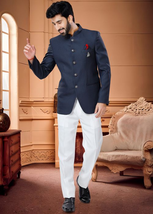 Navy Blue Readymade Bandhgala Jodhpuri Suit