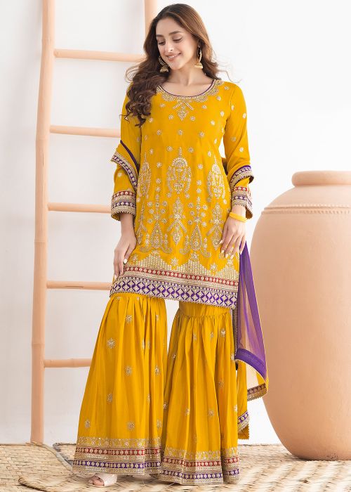 Yellow Chiffon Sharara Suit With Embroidery