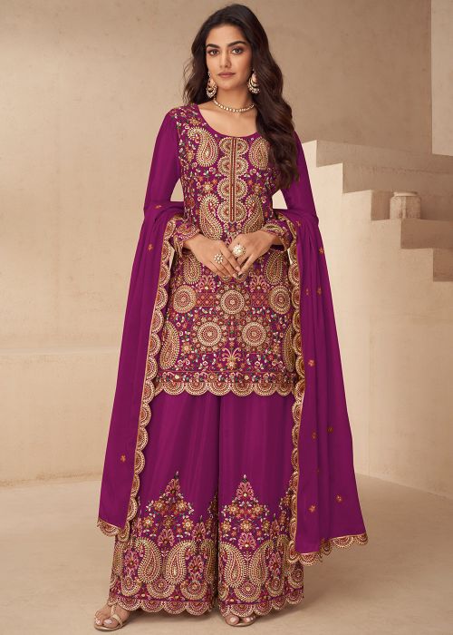 Magenta Chiffon Palazzo Suit With Sequin Embroidery