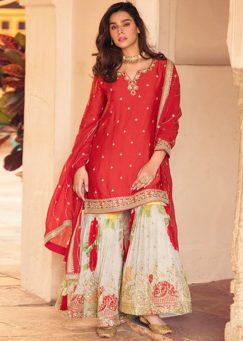 Red Chiffon Sharara Suit With Sequins Work