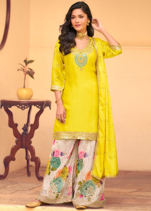 Yellow Chiffon Sharara Suit With Zari Detailing