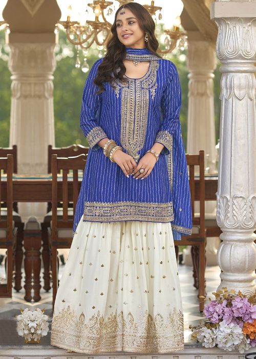 Royal Blue Bandhej Print Sharara Suit With Sequins