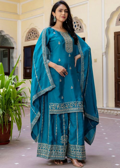 Blue Embroidered Palazzo Salwar Suit Set