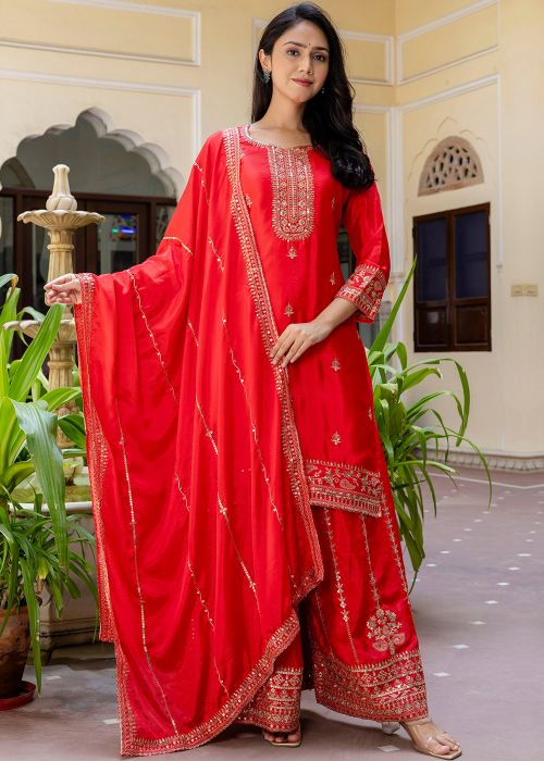 Red Embroidered Palazzo Salwar Suit Set