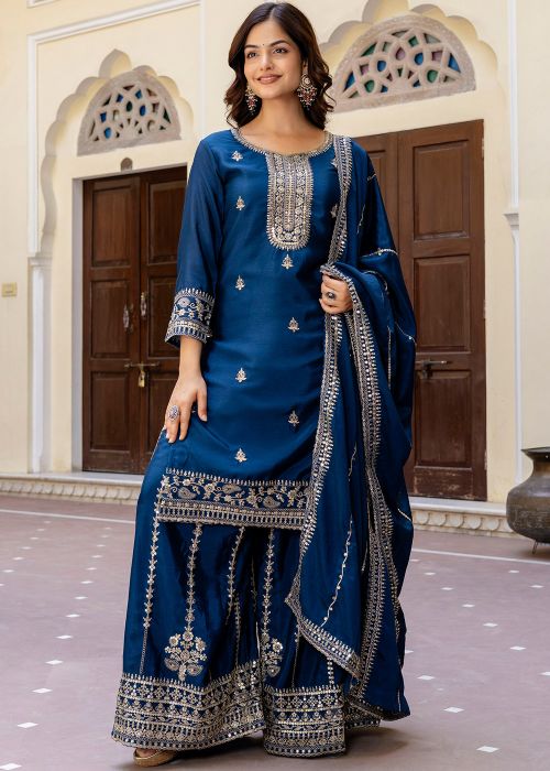 Blue Embroidered Palazzo Salwar Suit Set