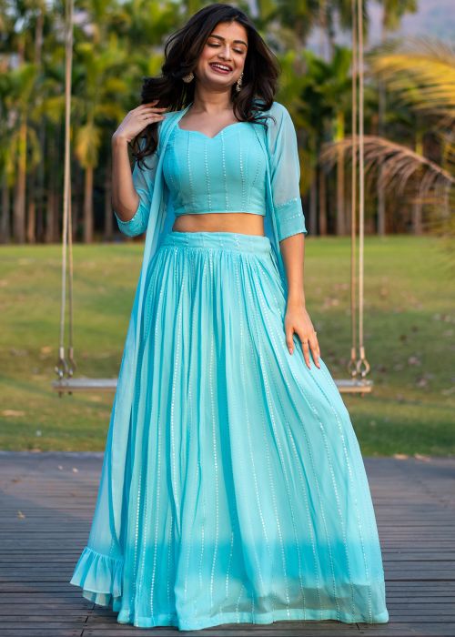 Blue Embroidered Jacket Style Skirt Set
