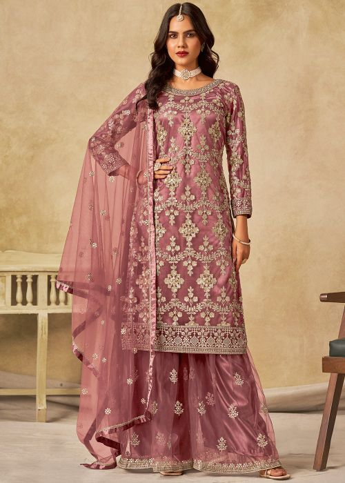 Pink Net Palazzo Suit With Zari & Sequins