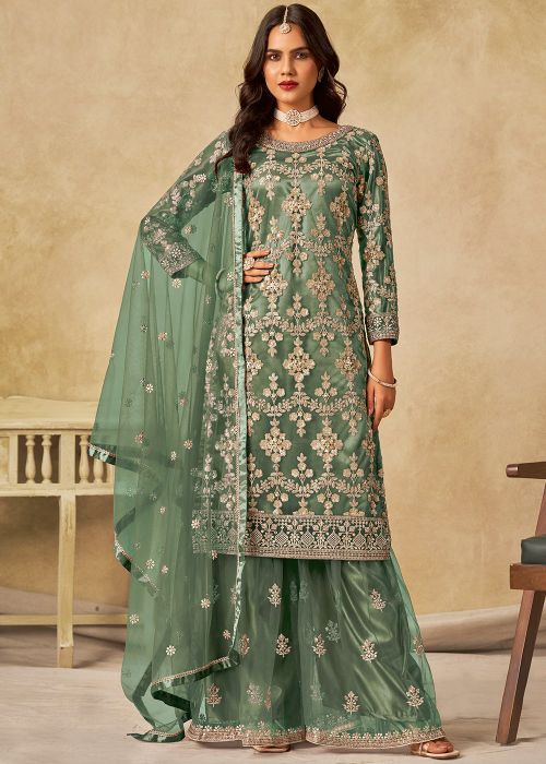 Sage Green Net Palazzo Suit Adorned With Zari