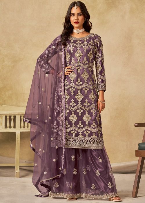 Purple Net Palazzo Suit With Heavy Zari