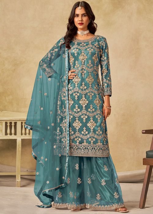Blue Net Palazzo Suit With Floral Zari