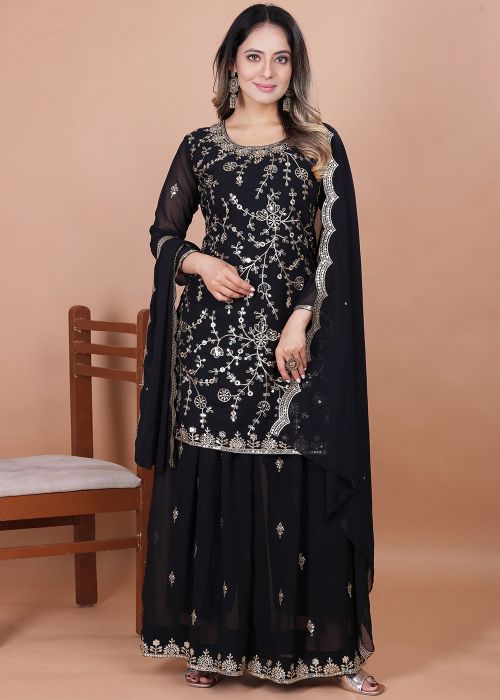 Black Embroidered Sharara Suit Set