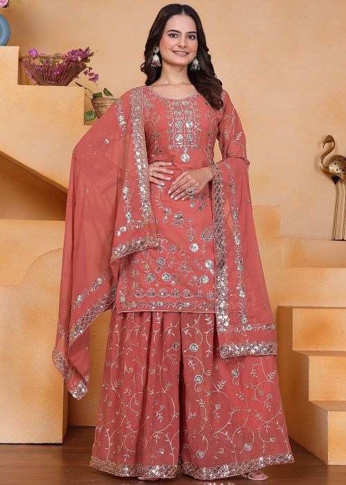 Peach Sequin Embroidered Sharara Suit Set
