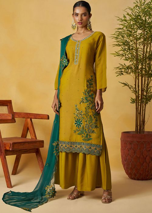 Mustard Yellow Organza Palazzo Suit With Green Dupatta