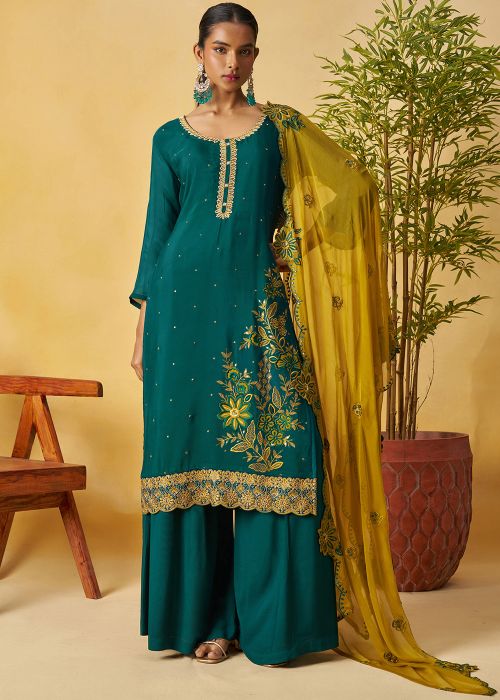 Teal Blue Organza Palazzo Suit With Yellow Dupatta