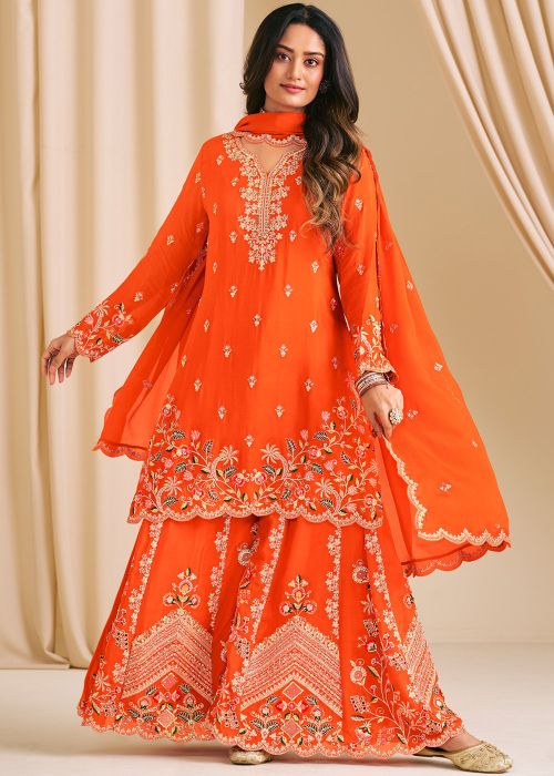 Orange Chiffon Palazzo Suit With Dori & Stones