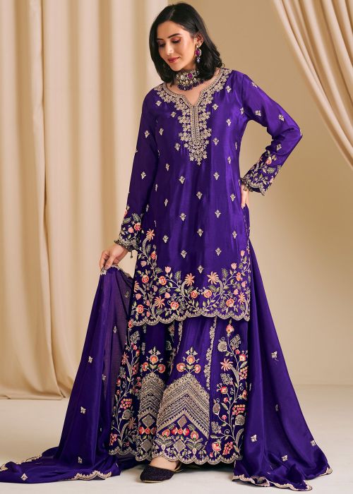 Purple Chiffon Palazzo Suit With Sequins & Dori
