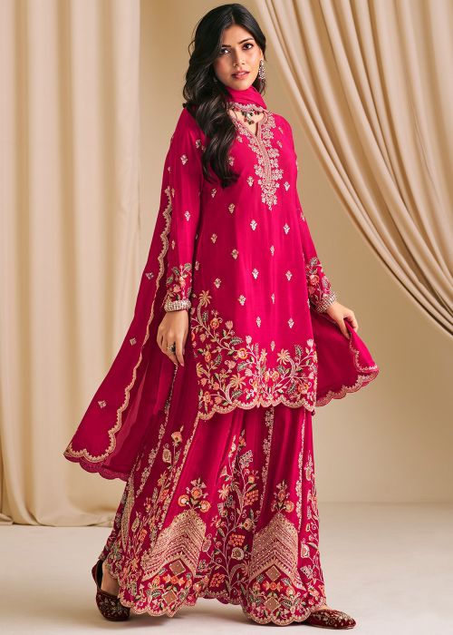 Rani Pink Chiffon Palazzo Suit With Stone Work