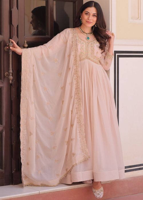 Cream Georgette Anarkali Suit With Sequins