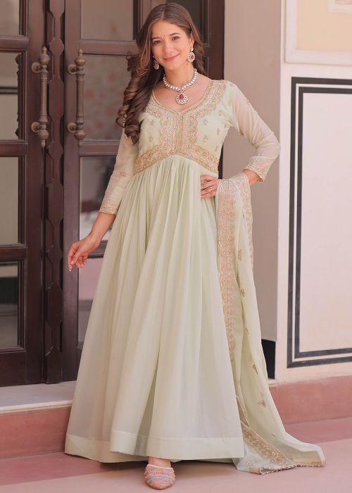 Mint Green Georgette Anarkali Suit With Beadwork