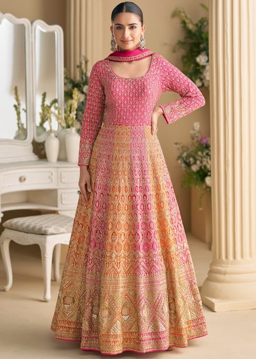 Pink Georgette Abaya Suit With Zari Detailing