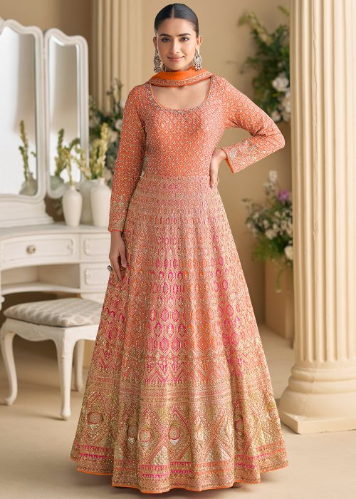 Orange Georgette Abaya Suit With Stone Work