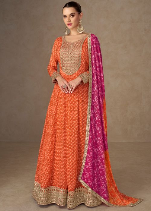 Orange Chiffon Anarkali Suit With Bandhej Dupatta