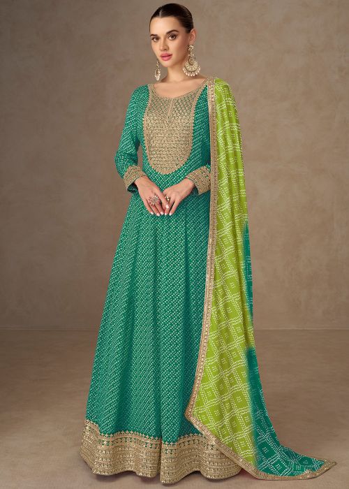 Green Chiffon Anarkali Suit With Bandhani Dupatta