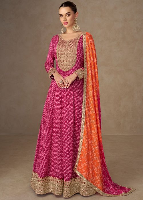 Magenta Chiffon Anarkali Suit With Bandhej Detail