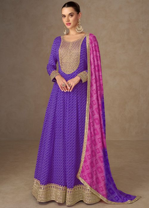 Purple Chiffon Anarkali Suit With Zari Embroidery