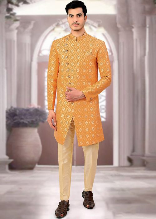 Yellow Woven Indo Western Sherwani For Men
