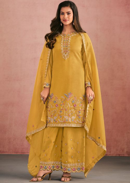 Mustard Yellow Shimmer Palazzo Suit With Thread Work