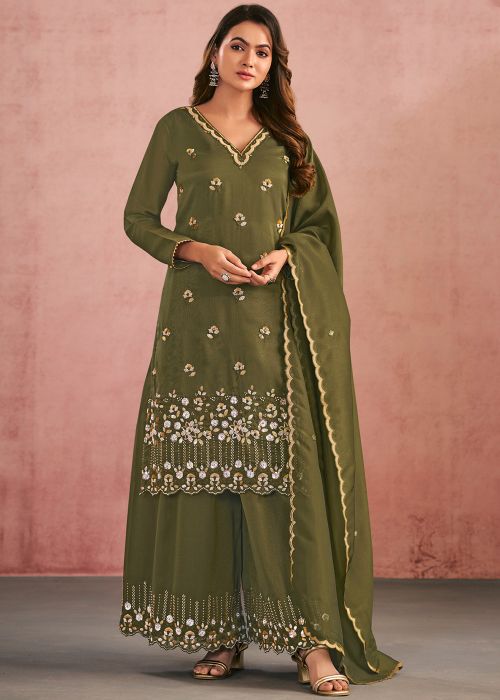 Green Shimmer Palazzo Suit With Embroidered Hem