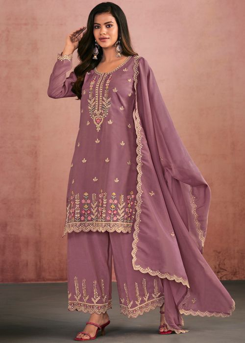 Mauve Purple Shimmer Palazzo Suit With Delicate Sequins