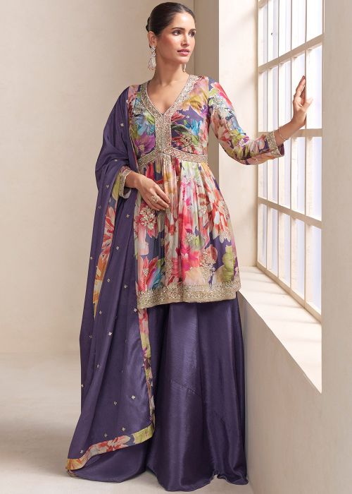 Purple Chiffon Sharara Suit With Floral Print