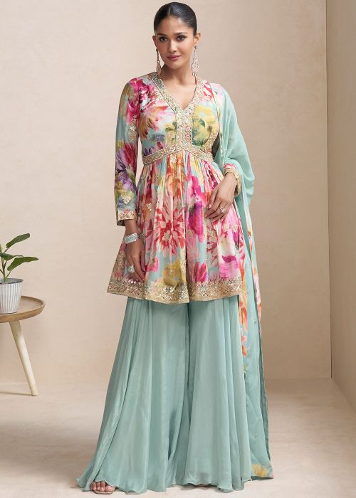 Blue Chiffon Sharara Suit With Zari & Floral Work