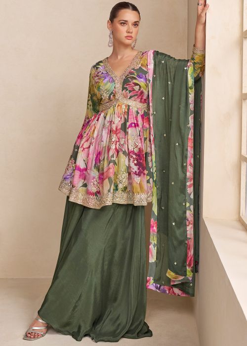 Green Chiffon Sharara Suit With Sequins & Print
