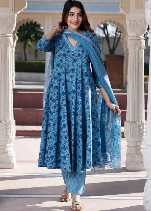 Blue Floral Print Cotton Anarkali Suit