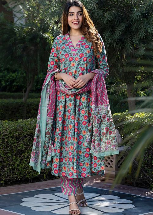 Green Floral Cotton Printed Anarkali Suit Set