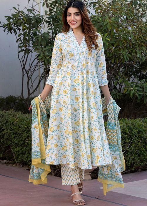 White Cotton Floral Anarkali Suit