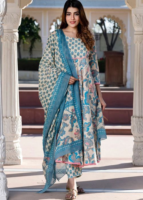 Beige Cotton Printed Anarkali Suit Set