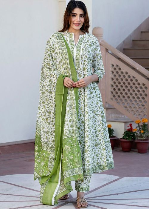 White Cotton Floral Print Anarkali Suit 