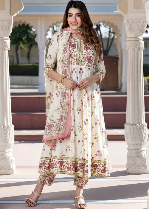 Off White Pink Cotton Floral Printed Suit